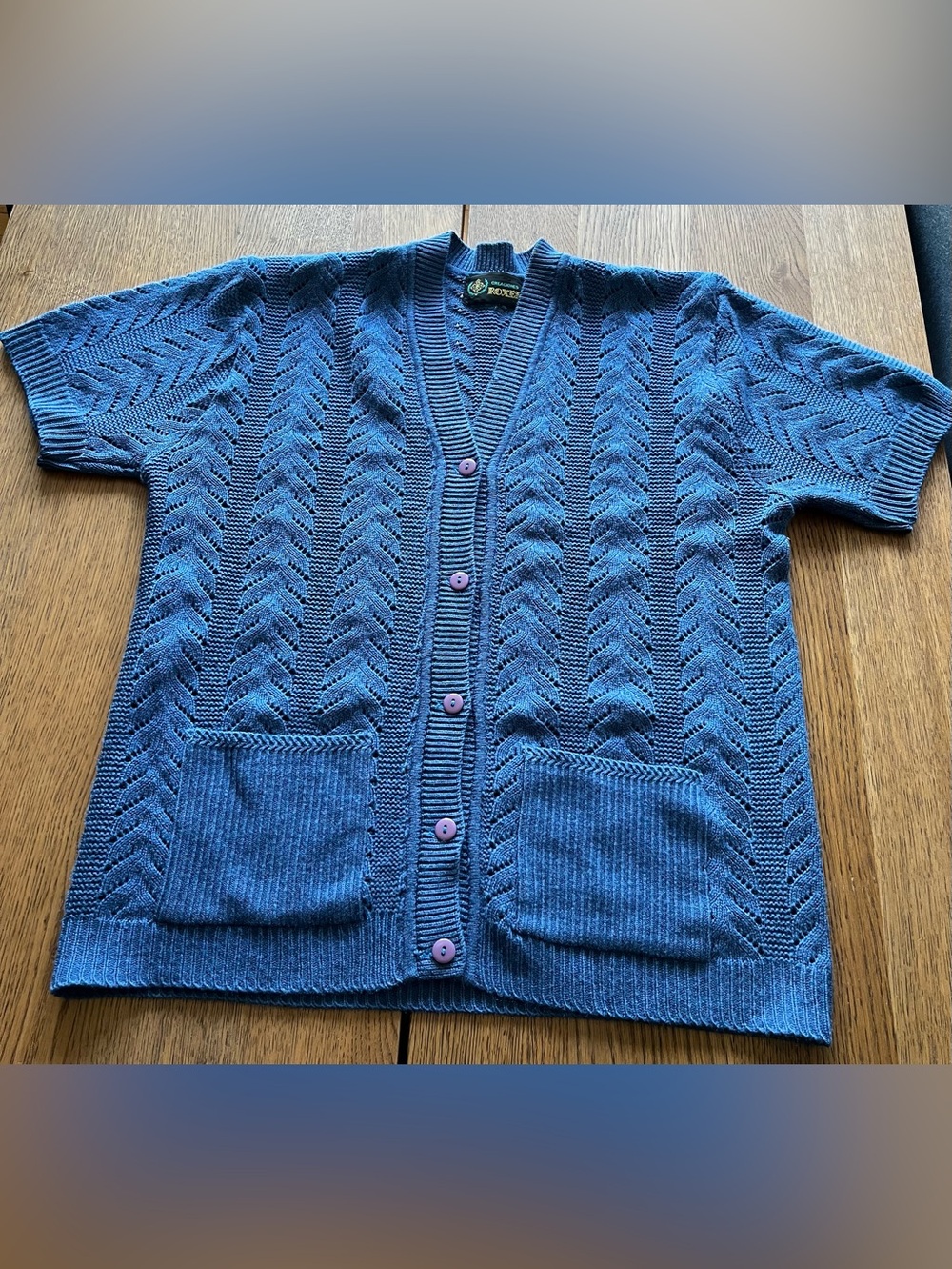 Vintage French Blue Open Knit Short-Sleeve Cardigan with Pockets Very Mod Style!
